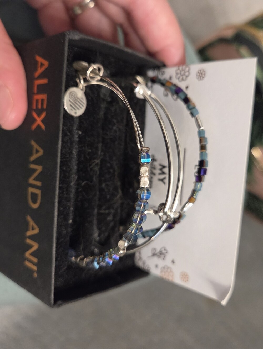 Alex and Ani Iridescent Blue and Silver Beaded Expandable Bracelet Set